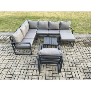 Fimous 8 Seater Aluminium Garden Furniture Set Outdoor Lounge Corner Sofa Chair Square Coffee Table Sets with Big Footstool Dark Grey