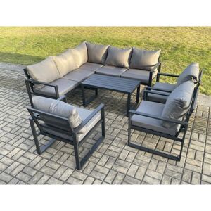 Fimous 8 Seater Aluminium Outdoor Garden Furniture Set Patio Lounge Sofa with Oblong Coffee Table Chair Dark Grey