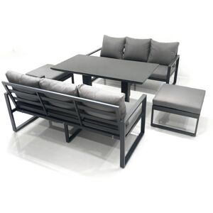 Fimous 8 Seater Aluminium Outdoor Garden Furniture Set with Adjustable Rising Lifting Dining Table 3 Seater Sofa 2 Big Footstool Dark Grey
