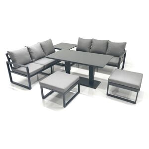 Fimous 8 Seater Aluminium Outdoor Garden Furniture Set with Adjustable Rising Lifting Dining Table 3 Seater Sofa 2 Big Footstool Side Table Dark Grey