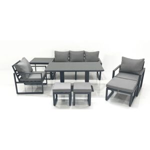 Fimous 8 Seater Aluminium Outdoor Garden Furniture Set with Adjustable Rising Lifting Dining Table 3 Seater Sofa 2 Chair 3 Footstool Side Table Dark