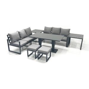 Fimous 8 Seater Aluminium Outdoor Garden Furniture Set with Adjustable Rising Lifting Dining Table 3 Seater Sofa 2 Small Footstool 2 Side Tables Dark