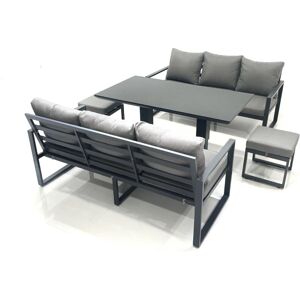 Fimous 8 Seater Aluminium Outdoor Garden Furniture Set with Adjustable Rising Lifting Dining Table 3 Seater Sofa 2 Small Footstool Dark Grey