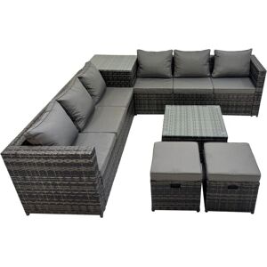 Fimous - 8 Seater Garden Outdoor Rattan Furniture Set Patio Corner Sofa Coffee Table with 2 Small Stools Dark Grey