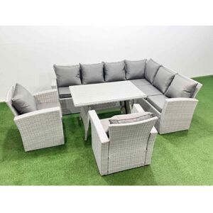 Fimous 8 Seater Garden Outdoor Rattan Furniture Set Rattan Corner Sofa Oblong Dining Table with 2 Armchairs Light Grey Mixed