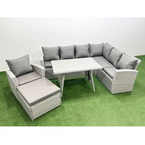 Fimous 8 Seater Garden Outdoor Rattan Furniture Set Rattan Corner Sofa Oblong Dining Table with Armchair Big Footstool Light Grey Mixed