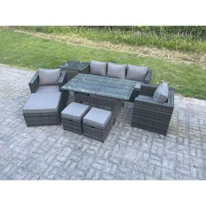 Fimous 8 Seater Outdoor Garden Furniture Set Patio Rattan Rectangular Dining Table Lounge Sofa Chair with Side Table Big Footstool 2 Small Stools