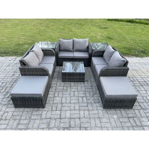 FIMOUS 8 Seater Outdoor Garden Furniture Sets Wicker Rattan Furniture Sofa Sets with Square Coffee Table Love seat Sofa 2 Big Footstool 2 Side Tables