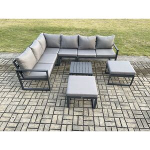 Fimous 8 Seater Outdoor Lounge Corner Sofa Set Aluminum Garden Furniture Sets with Square Coffee Table 2 Big Footstool Dark Grey