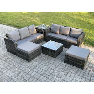 Fimous 8 Seater Outdoor Rattan Garden Furniture Set Conservatory Patio Sofa Coffee Table With 2 Big Footstool Side Table Dark Grey Mixed