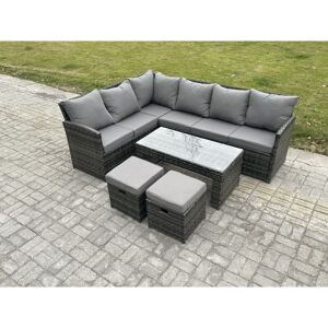 8 Seater Outdoor Rattan Garden Furniture Set Corner Sofa Oblong Coffee Table Sets with Patio 2 Small Footstools Dark Grey Mixed - Fimous