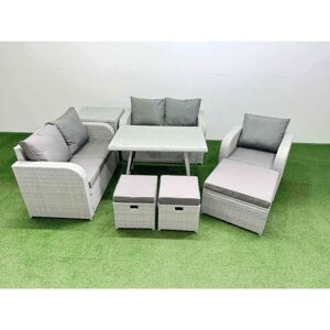 8 Seater Outdoor Rattan Garden Furniture Set Love Sofa Reclining Chair Set with Rectangular Dining Table Side Table 3 Footstools Light Grey - Fimous