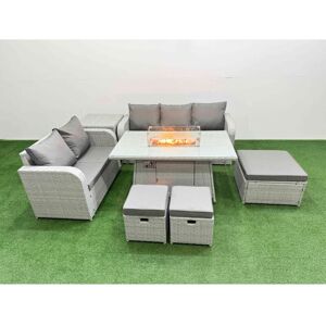 Fimous 8 Seater PE Rattan Wicker Garden Furniture Patio Conservatory Sofa Set with Firepit Dining Table 3 Seater Sofa Love Sofa 3 Stool Side Table