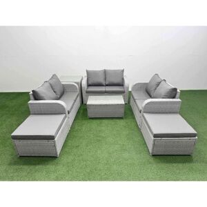 Fimous 8 Seater PE Wicker Rattan Furniture Sofa Sets with Rectangular Coffee Table 2 Seater Love Sofa 2 Big Footstool Side Table Light Grey