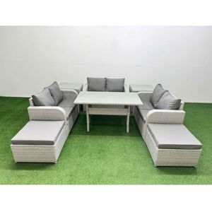 Fimous 8 Seater PE Wicker Rattan Furniture Sofa Sets with Rectangular Dining Table 2 Seater Love Sofa 2 Big Footstool 2 Side Table Light Grey