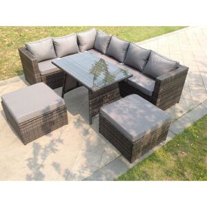 Fimous - 8 Seater Rattan Corner Sofa Set Dining Table 2 Big Footstool Garden Furniture Outdoor