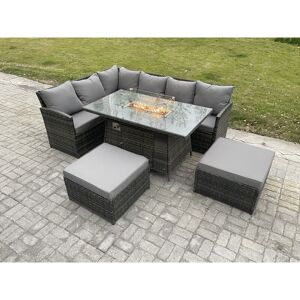 8 Seater Rattan Garden Furniture High Back Corner Sofa Gas Fire Pit Dining Table Sets Gas Heater with 2 Big Footstool Dark Grey Mixed - Fimous