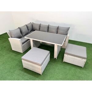 8 Seater Wicker Rattan Corner Sofa Sets Outdoor Garden Furniture Sets with Rectangular Dining Table Lounge Sofa 2 Big Footstool Light Grey - Fimous