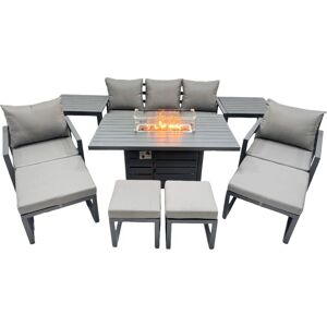 Fimous 9 Seat Outdoor Garden Furniture Set Aluminium Lounge 3 Seat Sofa Gas Fire Pit Table Sets with Chair 4 Stools 2 Side Tables Dark Grey