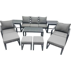 Fimous 9 Seat Outdoor Garden Furniture Set Aluminium Lounge 3 Seat Sofa Oblong Coffee Table Sets with Chair 4 Stools Dark Grey