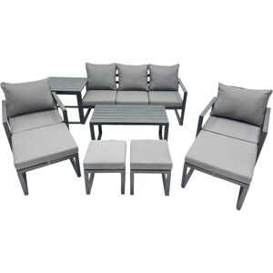 Fimous 9 Seat Outdoor Garden Furniture Set Aluminium Lounge 3 Seat Sofa Oblong Coffee Table Sets with Chair 4 Stools Side Table Dark Grey