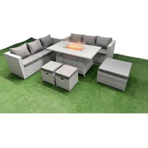 9 Seat pe Rattan Lounge Sofa Set Outdoor Garden Furniture Set with Firepit Dining Table 3 Seater Sofa 3 Stools Light Grey - Fimous