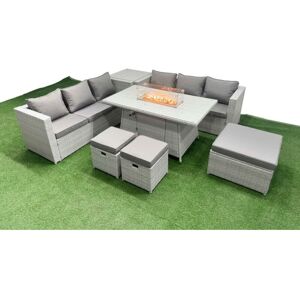 Fimous 9 Seat PE Rattan Lounge Sofa Set Outdoor Garden Furniture Set with Firepit Dining Table 3 Seater Sofa 3 Stools Side Table Light Grey