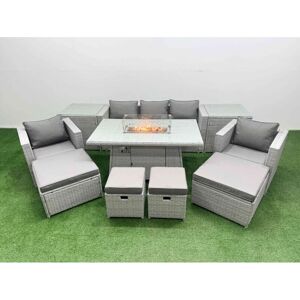 9 Seat pe Rattan Lounge Sofa Set Outdoor Garden Furniture Set with Firepit Dining Table 3 Seater Sofa 4 Footstools 2 Side Tables Light Grey - Fimous