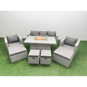 9 Seat pe Rattan Lounge Sofa Set Outdoor Garden Furniture Set with Firepit Dining Table 3 Seater Sofa 4 Footstools Light Grey - Fimous