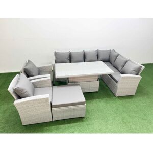 9 Seat Rattan Garden Furniture Corner Sofa Set Outdoor Adjustable Lifting Dining or Coffee Table Set with Big Footstool Light Grey - Fimous