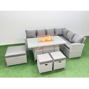 9 Seat Rattan Garden Furniture Corner Sofa Set Outdoor Gas Fire Pit Table Set with 3 Footstools Light Grey - Fimous