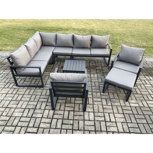 Fimous 9 Seater Aluminium Garden Furniture Set Outdoor Lounge Corner Sofa 2 Pcs Chair Square Coffee Table Sets with Big Footstool Dark Grey