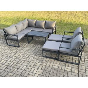 Fimous 9 Seater Aluminium Outdoor Garden Furniture Set Patio Lounge Sofa with Oblong Coffee Table 2 Big Footstools Dark Grey