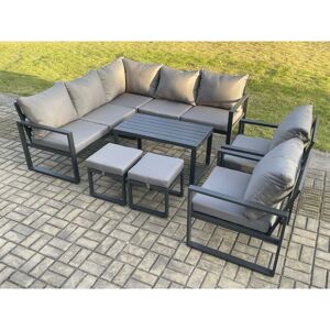 Fimous 9 Seater Aluminium Outdoor Garden Furniture Set Patio Lounge Sofa with Oblong Coffee Table 2 Small Footstools Dark Grey