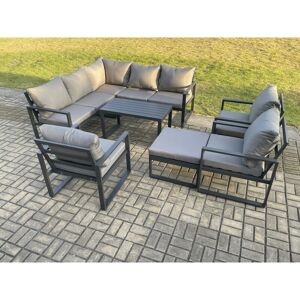 Fimous 9 Seater Aluminium Outdoor Garden Furniture Set Patio Lounge Sofa with Oblong Coffee Table Chair Big Footstool Dark Grey