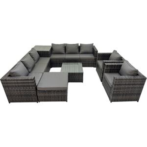 Fimous 9 Seater Garden Outdoor Rattan Furniture Set Patio Corner Sofa Coffee Table with 2 Chiar Side Table Big Stool Dark Grey