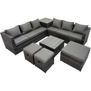 9 Seater Garden Outdoor Rattan Furniture Set Patio Corner Sofa Coffee Table with 3 Stools Dark Grey - Fimous