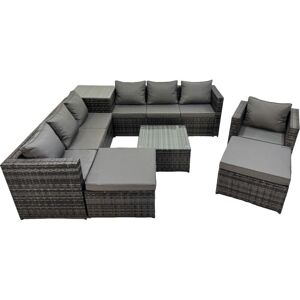 Fimous 9 Seater Garden Outdoor Rattan Furniture Set Patio Corner Sofa Coffee Table with Side Table 2 Big Stool Dark Grey