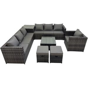 Fimous 9 Seater Garden Outdoor Rattan Furniture Set Patio Corner Sofa Coffee Table with Side Table 2 Small Stool Dark Grey