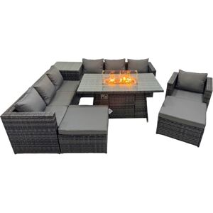 Fimous 9 Seater Garden Outdoor Rattan Furniture Set Patio Corner Sofa Gas Firepit Dining Table with Side Table 2 Big Stools Dark Grey