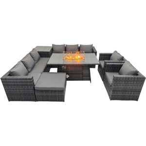 Fimous 9 Seater Garden Outdoor Rattan Furniture Set Patio Corner Sofa Gas Firepit Dining Table with Side Table Big Stool Dark Grey