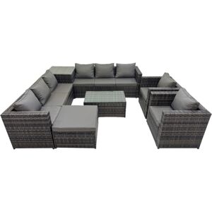 Fimous 9 Seater Garden Outdoor Rattan Furniture Set Patio Corner Sofa Rectangular Coffee Table with Big Stool Side Table Dark Grey