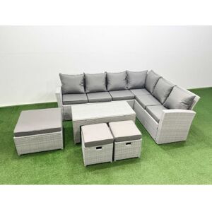 9 Seater Garden Outdoor Rattan Furniture Set Rattan Corner Sofa Oblong Coffee Table Set with 3 Footstools Light Grey Mixed - Fimous