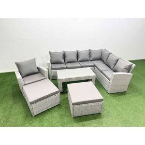 9 Seater Garden Outdoor Rattan Furniture Set Rattan Corner Sofa Oblong Coffee Table with 2 Big Footstools Light Grey Mixed - Fimous