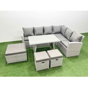 9 Seater Garden Outdoor Rattan Furniture Set Rattan Corner Sofa Oblong Dining Table Set with 3 Footstools Light Grey Mixed - Fimous