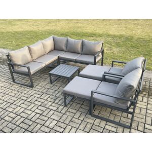 Fimous 9 Seater Outdoor Aluminium Garden Furniture Set Corner Lounge Sofa Set with Square Coffee Table 2 Big Footstools Dark Grey