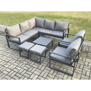 Fimous 9 Seater Outdoor Aluminium Garden Furniture Set Corner Lounge Sofa Set with Square Coffee Table 2 Small Footstools Dark Grey