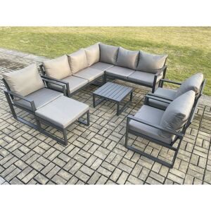 Fimous 9 Seater Outdoor Aluminium Garden Furniture Set Corner Lounge Sofa Set with Square Coffee Table Chair Big Footstool Dark Grey