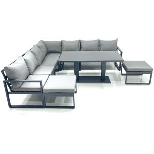 Fimous 9 Seater Outdoor Aluminum Garden Furniture Set Corner Sofa 2 Big Footstools Adjustable Rising Lifting Dining Table Sets Dark Grey