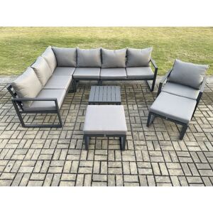 Fimous 9 Seater Outdoor Lounge Corner Sofa Set Aluminum Garden Furniture Sets with Square Coffee Table Chair 2 Big Footstool Dark Grey